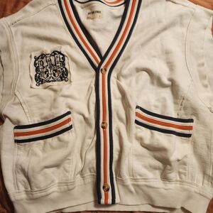 White Cardigan with Striped Trim